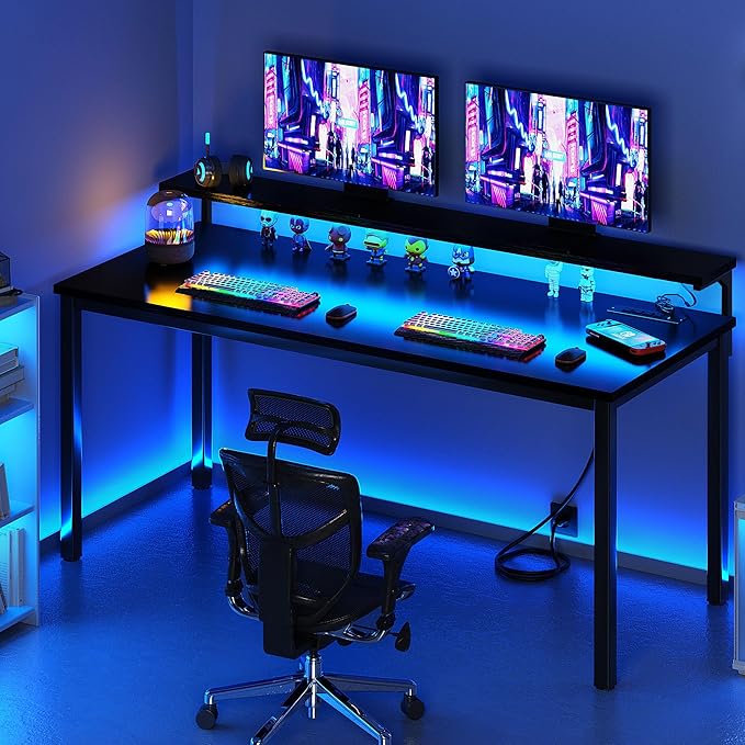 Need 60 inch Computer Desk with LED Lights & Power Outlets, Large Home Desk with Monitor Shelf, Writing Table Gaming Desk Home Office Desk, Black-NeatNest