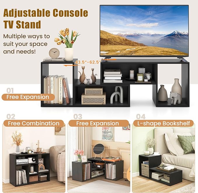 GOFLAME 2 Pieces TV Stand, Modern Entertainment Center for TVs up to 55 Inches, Free Combination Bookcase for Storage & Display, TV Console Table for Living Room, Bedroom, Black-NeatNest