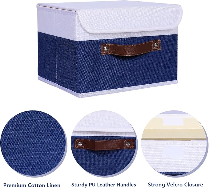 ANMINY 4PCS Storage Boxes with Lid Washable Decorative Storage Bin Basket with PU Leather Handle Foldable Linen Fabric Storage Cube Container for Home Closet Organizer - Deep Blue White, Small Size-NeatNest