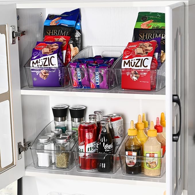 2 Pack Clear Pantry Organizer Storage Bins Removable Snack Organizer Plastic Cabinet Organizers Racks with 3 Dividers, Refrigerator Bins, Kitchen Organization Kitchen Storage-NeatNest