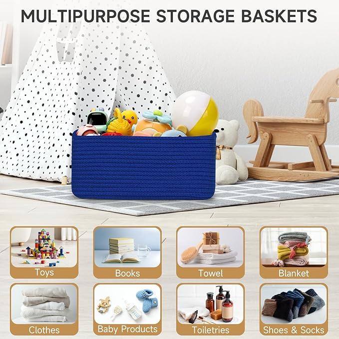 3-Pack Small Storage Baskets for Organizing | Woven Shelf Toy Basket | Rope Baskets for Gifts Empty | Closet Organizer Bins with Handles | Cube Decorative Box | 11.8×7.8×5.1” | Klein Blue-NeatNest