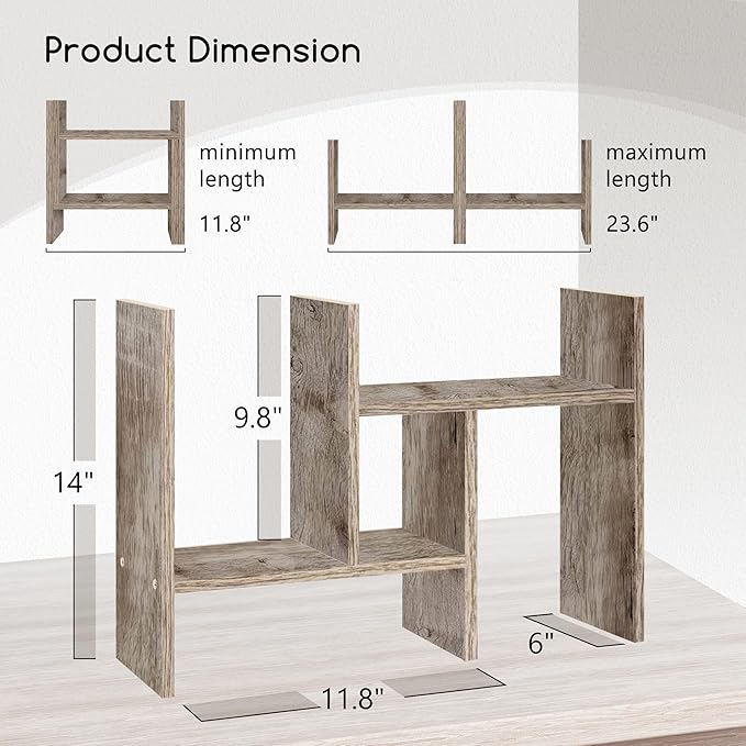 Jerry & Maggie Desktop Organizer Office Storage Rack Adjustable Wood Display Shelf Free Style Double H, Multi-Functional Mini Bookshelf for Desk Natural Stand (Gray Oak)-NeatNest