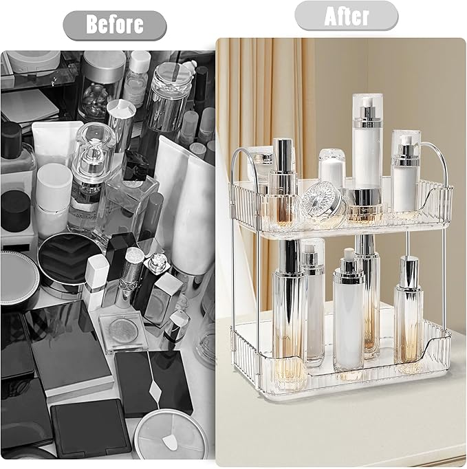 Bathroom Counter Organizer Countertop Storage Skincare Countertop Makeup Organizer Cosmetics Skincare Organizers Holder for Perfume-Clear white-silver pole-NeatNest