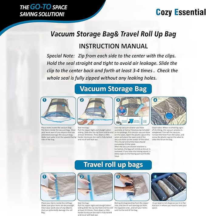 20 Pack Vacuum Storage Bags, Space Saver Bags (4 Jumbo/4 Large/4 Medium/4 Small/4 Roll) Compression for Comforters and Blankets, Sealer Clothes Storage, Hand Pump Included-NeatNest