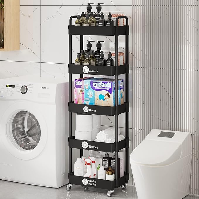 Laiensia Storage Cart,Multifunction Utility Rolling Cart Kitchen Storage Organizer,Mobile Shelving Unit Cart with Lockable Wheels for Bathroom,Laundry,with Classified Stickers-NeatNest