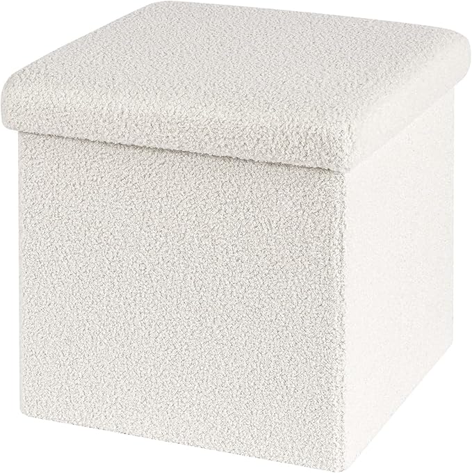 Folding Storage Ottoman Cube - Small Footrest with Sherpa Top, Multi-Functional Storage for Bedroom, Living Room,White