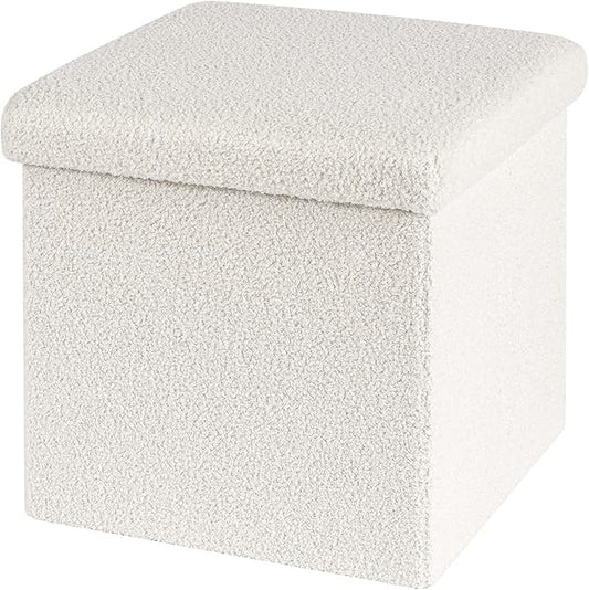 Folding Storage Ottoman Cube - Small Footrest with Sherpa Top, Multi-Functional Storage for Bedroom, Living Room,White