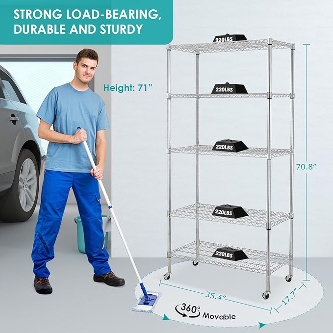 BNSPLY 5 Tier Wire Shelving Unit with Wheels, Height Adjustable Wire Shelves with NSF Certified, Mobile Metal Storage Rack Shelf Unit for Kitchen, Laundry, Garage (17.7" D x 35.5" W x 71" H, Chrome)-NeatNest