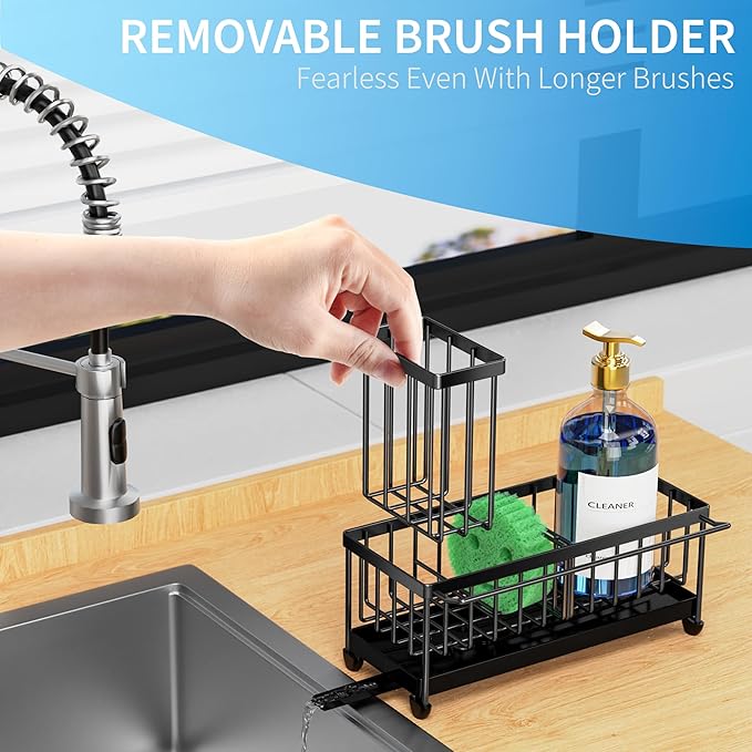 Cisily Sponge Holder for Kitchen Sink with Towel Rack, Sink Caddy with Kitchen High Brush Holder, Organzier Rustproof 304 Stainless Steel Dish Organizer Divider, Soap Dispenser Storage-NeatNest