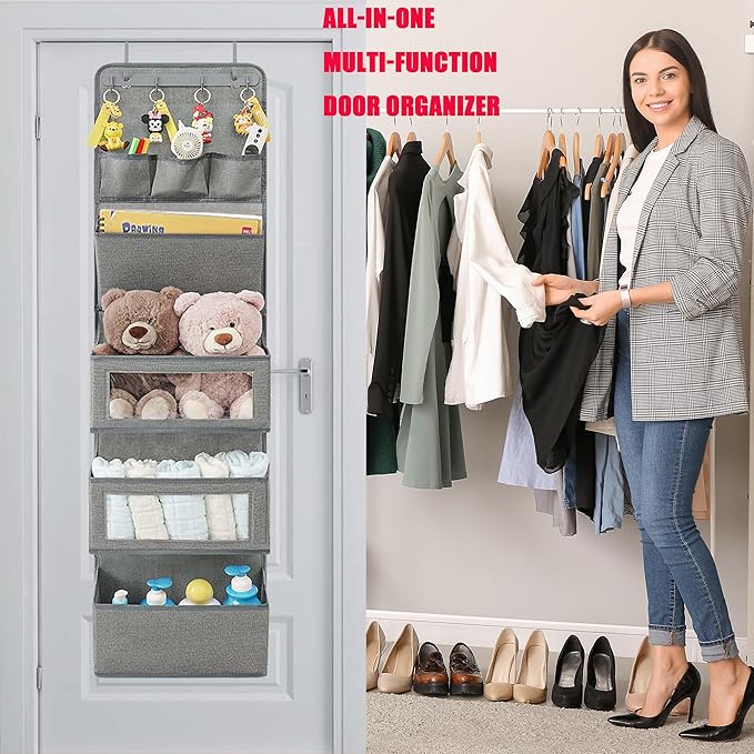 VICTORICH All-IN-ONE Over the Door Organizer, Super Behind the Door Storage Organizer with Door Rack and Large Clear Windows, Wall File Organizer, Hanging Organizer (New Linen Gray)