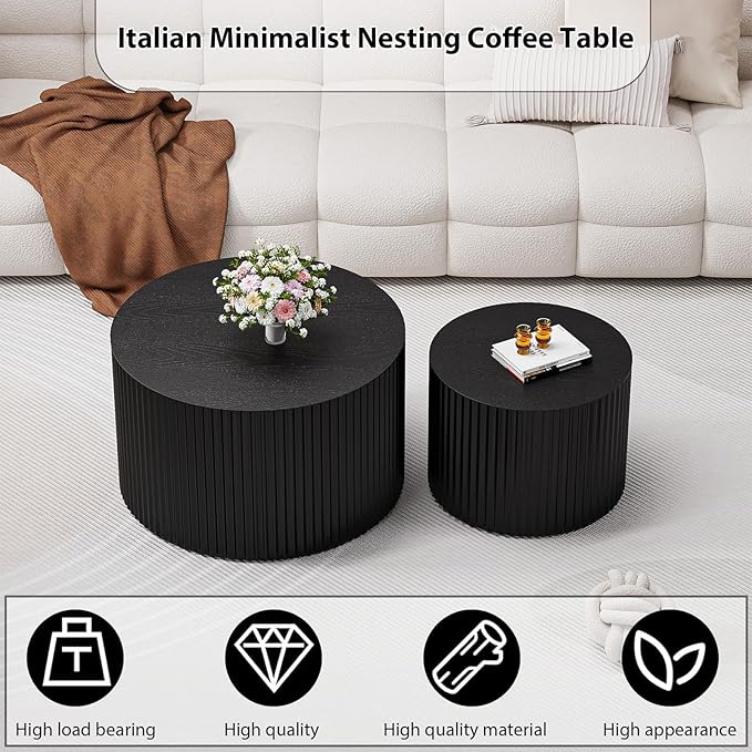 Round Nesting Coffee Table Set of 2 Circle Nested Coffee Tables Modern Fluted Coffee Table Set of 2 Wooden Drum End Side Tables for Living Room Bedroom Small Spaces (Black Small)