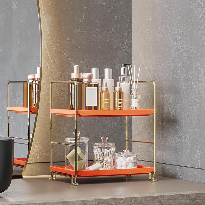 FSyueyun 2-Tier Bathroom Countertop Organizer,Bathroom Organizers and Storage with Tool-Less Installation, Premium Plastics for Makeup, Perfume, Skincare on Dresser Vanity Tray(Gold & Orange)-NeatNest