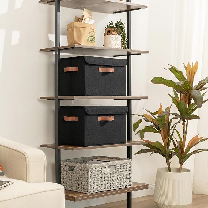 GRANNY SAYS Storage Bins with Lids, Decorative Storage Boxes with PU Handles, Black Storage Bin, Linen Closet Organizer, Shelf Baskets, Fabric Storage Bins for Clothes-NeatNest