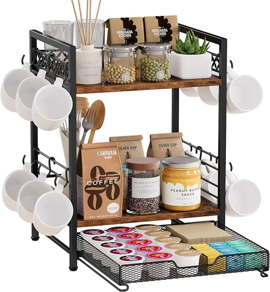 Coffee Bar Organizer Countertop, 3 Tier Mug Cup Holder Stand with 12 Hooks, 25 K Cup Coffee Pod Drawer with Mug Rack, Multifunctional Shelf for Accessories Kitchen (Black)-NeatNest