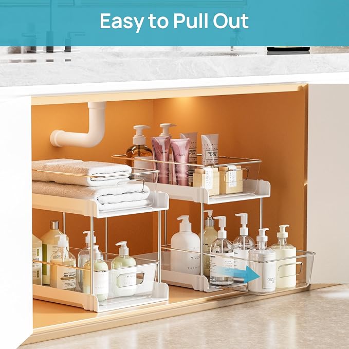 Vtopmart 4 Pack Bathroom Organizer, 2 Tier White Under Sink Organizers Vanity Countertop Storage Container,Cabinet Drawers Bins, Pull-Out Organization with Track for Pantry, Kitchen-NeatNest