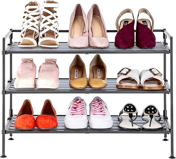 Seville Classics Sturdy Freestanding Storage Shelf for Bedroom, Closet, Entryway, Dorm Room Organizer Stackable Durable Metal Shoe Rack Silver Mist Slat, 3-Tier-NeatNest