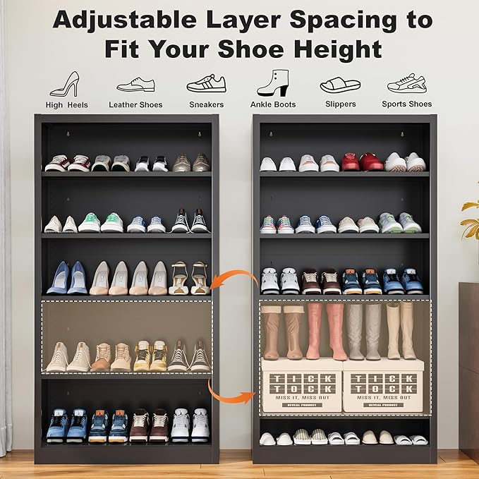 Shoe Cabinet,5 Tiers Heavy Duty Metal Freestanding Shoe Rack,55" Tall Shoe Rack with Open Storage Shelf for Entryway,Living Room,Garage (Black, 5 Tier-55 H*27.6" W*11.8" D)-NeatNest