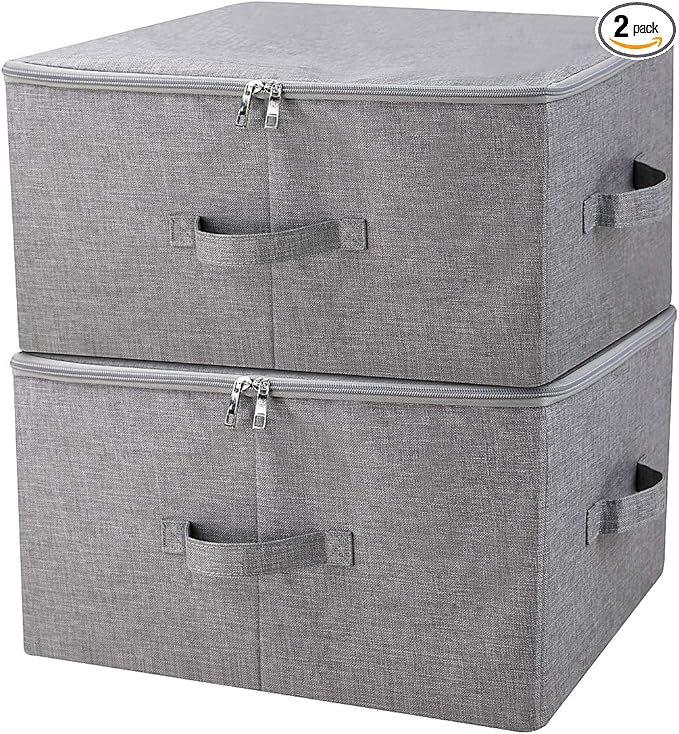 Folding Storage Box with Zip Lid and Handles, Rigid Storage Baskets With Linen Fabric& Plastic Board, Closet Shelf Drawers,Dark Gray, 2 pcs-NeatNest