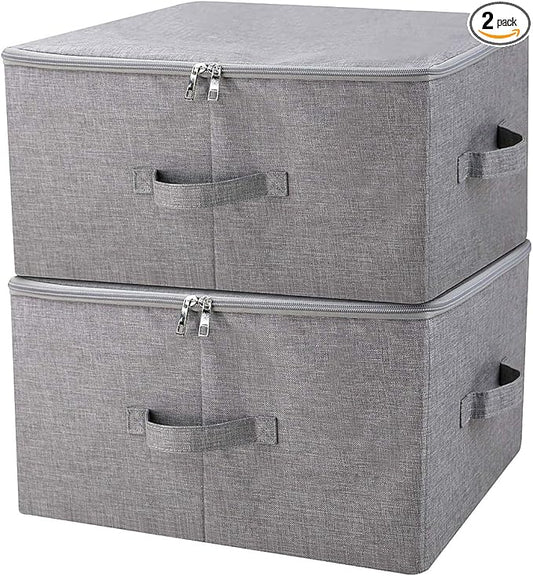 Folding Storage Box with Zip Lid and Handles, Rigid Storage Baskets With Linen Fabric& Plastic Board, Closet Shelf Drawers,Dark Gray, 2 pcs-NeatNest