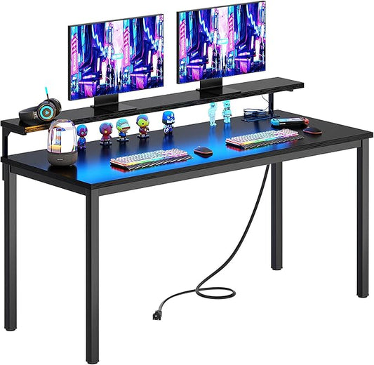 Need 60 inch Computer Desk with LED Lights & Power Outlets, Large Home Desk with Monitor Shelf, Writing Table Gaming Desk Home Office Desk, Black-NeatNest