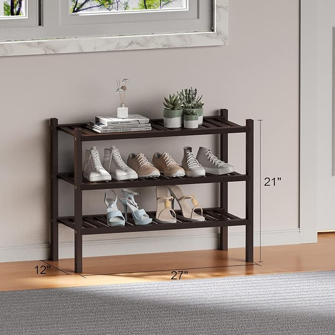 3 Tier (Thick) Bamboo Shoe Rack for Closet Free Standing Wood Shoe Shelf for Entryway Small Space Stackable 27"x12"x21" (Black Brown)-NeatNest