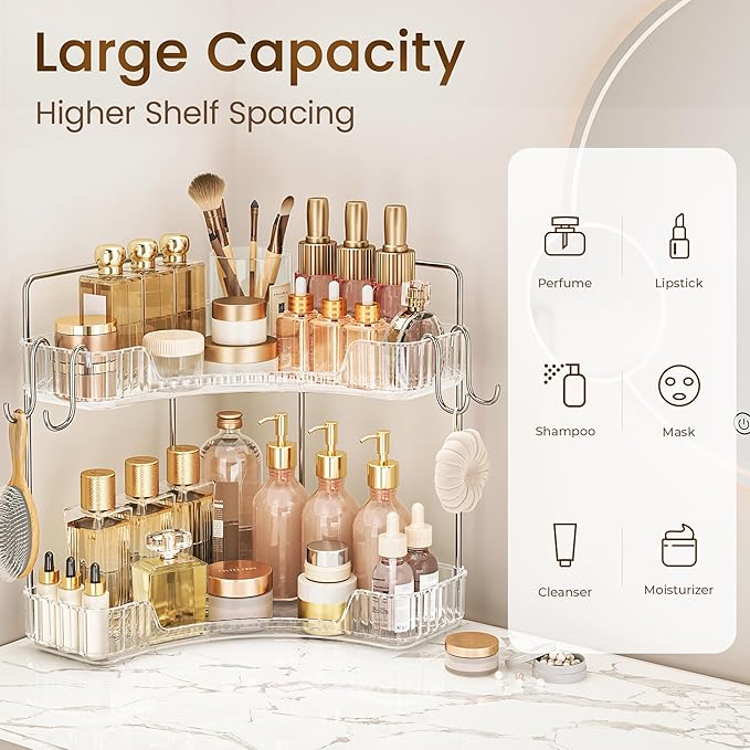 Makeup Organizer for Vanity 2 Tier Bathroom Organizers and Storage Countertop with Hooks Skin Care Exquisite Vanity Organizers Corner Bathroom Counter Storage-Clear-NeatNest