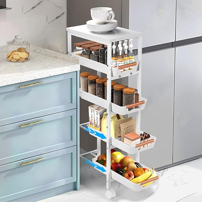 Slim Storage Cart, 5-Tier Narrow Rolling Kitchen Laundry Room Cart with Drawer and Wheels, Metal Utility Cart Slide Out Organizer for Small Spaces (White)