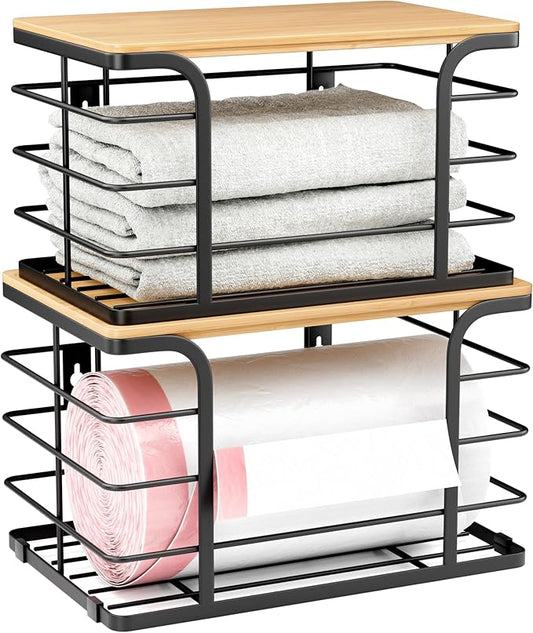 2 Pack Extra Large Stackable Pantry Organizers and Storage,Wall Mount Trash Bag Holder Dispenser with Bamboo Top for Kitchen Laundry Room Organization,Black-NeatNest
