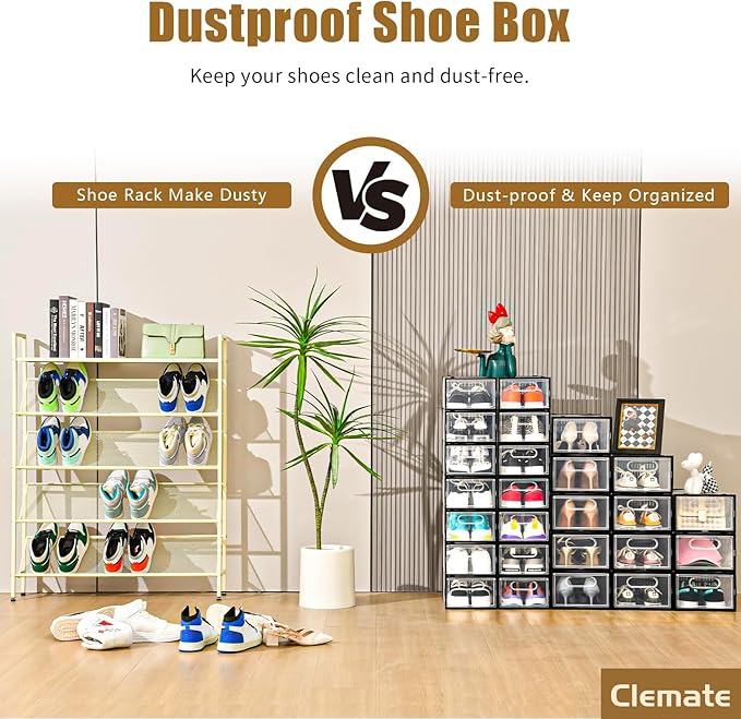 Clemate 15 Pack Shoe Storage Boxes, Clear Plastic Stackable Shoe Organizer for Closet, Shoe Box with Magnetic Door, Foldable Shoe Storage Bin, Sneaker Storage Box Shoe Rack Container Holder, Size 9-NeatNest