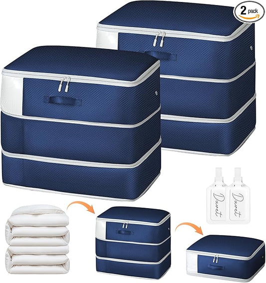 Comforter Storage Bag - Large Capacity Blanket Storage Bags 3-Layer Ultra Space Saving Self Compression Organizer, Washable Compression Bags for Storage Comforter Blanket, 2-Pack, Navy Blue-NeatNest