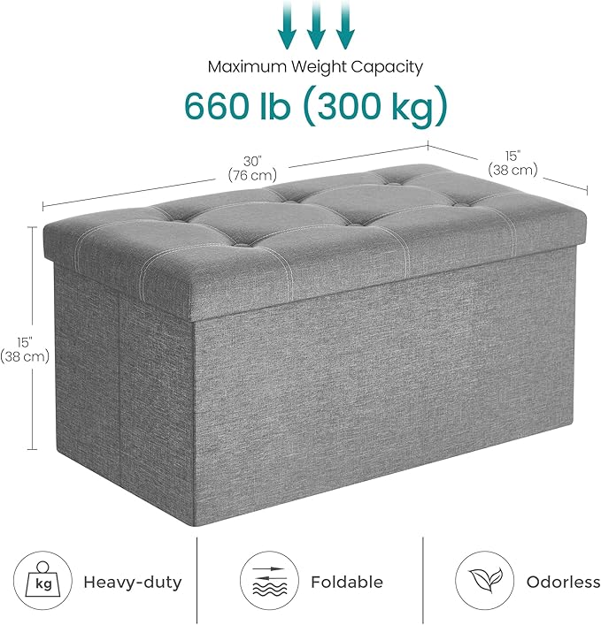 SONGMICS MAZIE Collection - 30 Inches Ottoman Storage Bench, 21 Gal. Folding Chest with Breathable Linen-Look Fabric, Load up to 660 lb, for Entryway, Living Room, Bedroom, Light Gray ULSF001G02-NeatNest