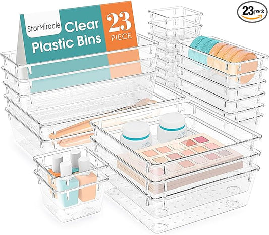 23 PCS Drawer Organizer Set, 5 Varied Size Bathroom and kitchen Drawer cabinet organizer Trays, Clear Storage Bins for Makeup, Jewelry, Utensils and Gadgets-NeatNest