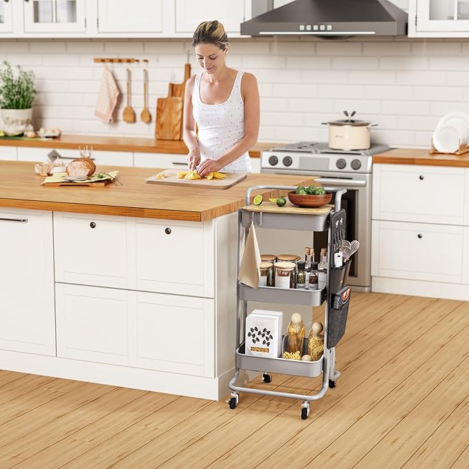 DTK 3 Tier Metal Utility Rolling Cart with Table Top and Side Bags, Tray Storage Organizer Wheels, Art Craft 4 Hooks for Kitchen Bathroom Office Living Room(Grey)-NeatNest