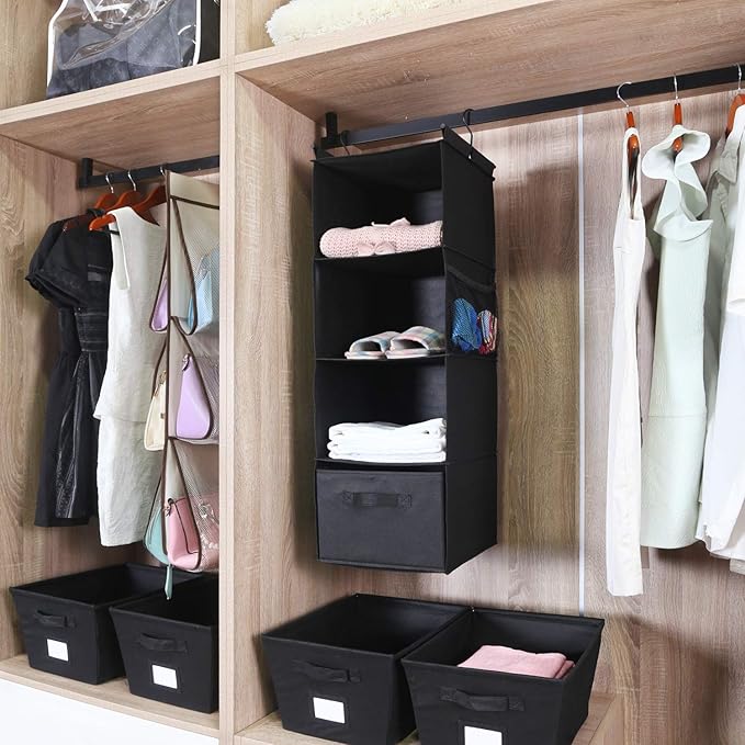 MAX Houser 4-Shelf Hanging Closet Organizer, Space Saver, Cloth Hanging Shelves with 2 Side Pockets, Foldable (Black)-NeatNest