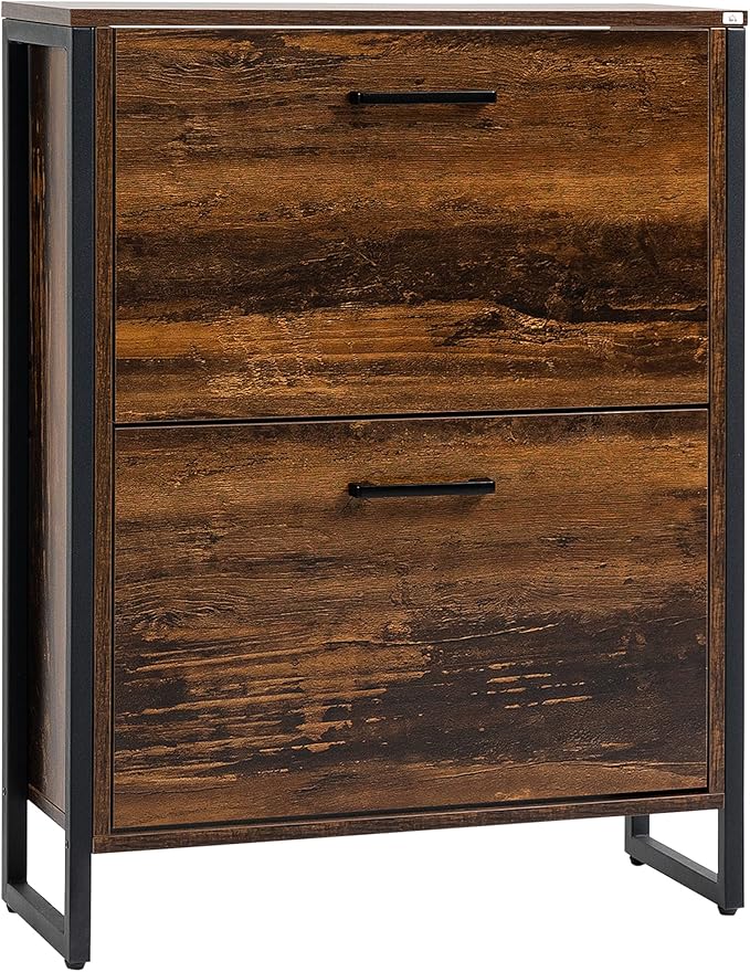 HOMCOM Industrial Shoe Cabinet with 2 Flip Drawers, Freestanding Shoe Storage Cabinet for 12 Pairs, Narrow Slim Shoe Rack for Entryway, Hallway, Rustic Brown