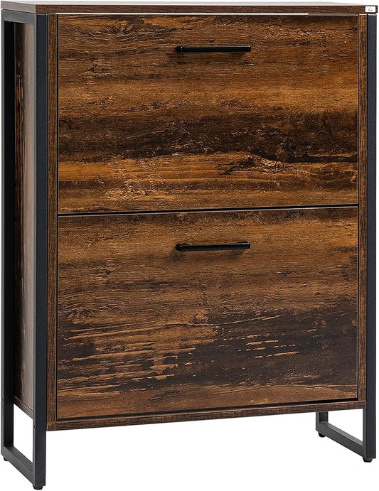 HOMCOM Industrial Shoe Cabinet with 2 Flip Drawers, Freestanding Shoe Storage Cabinet for 12 Pairs, Narrow Slim Shoe Rack for Entryway, Hallway, Rustic Brown