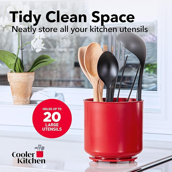 Extra Large Rotating Red Utensil Holder with Sturdy No-Tip Weighted Base, Removable Divider, and Gripped Insert | Rust Proof and Dishwasher Safe Kitchen Utensils Holder by Cooler Kitchen 7*7 Inches-NeatNest