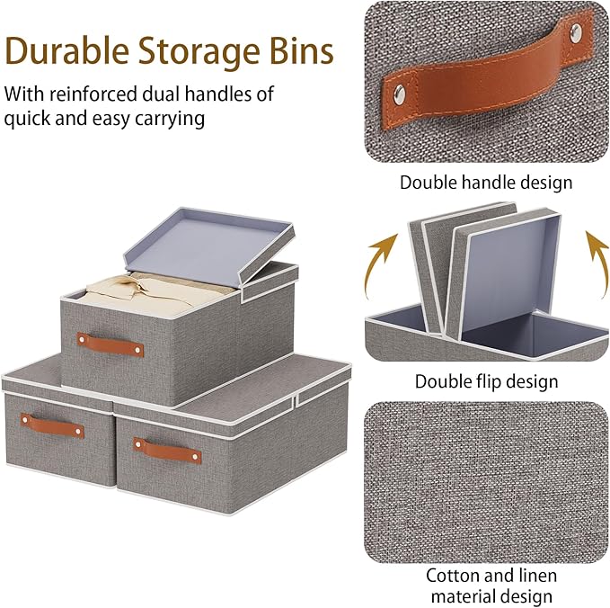 3-Pack Storage Boxes, Foldable Blanket Basket with Detachable Lid, Linen Closet 0rganizers with Double Handles, Collapsible Cubes for Organizing, Grey, 16.1 x 9.8 x 6.5 inch-NeatNest