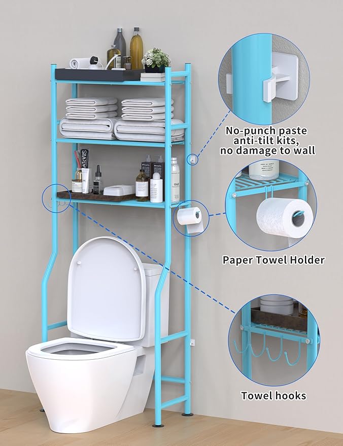 3-Tier Over The Toilet Storage, Freestanding Metal Bathroom Shelves with 4 Hooks, Over Toilet Storage Shelf with Paper Holder, Above The Toilet Shelf for Bathroom Storage, Blue-NeatNest