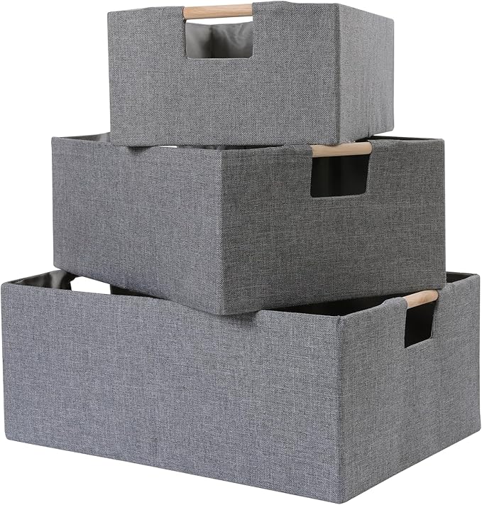 ANMINY 6PCS Storage Baskets for Organizing Collapsible Fabric Storage Bins Boxes with Wood Handles Closet Shelves Cube Organizer Bins Clothes Laundry Storage Container - Medium, Gray-NeatNest