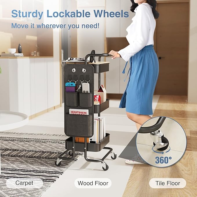 DTK 3 Tier Metal Utility Rolling Cart with Table Top and Side Bags, Tray Storage Organizer Wheels, Art Craft 4 Hooks for Kitchen Bathroom Office Living Room (Black)-NeatNest