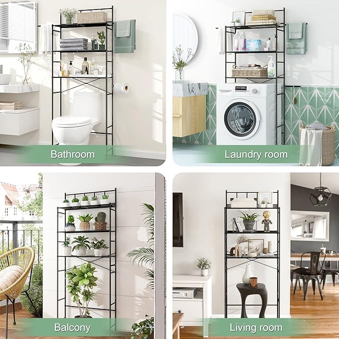 3-Tier Over The Toilet Storage Rack, Freestanding Bathroom Shelves Organizer with Hooks and Toilet Paper Holder, Space Saver Metal Shelf for Small Bathroom, Black