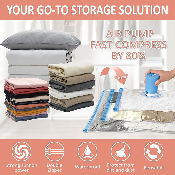 Cozy Essential 16 Pack Vacuum Storage Bags with Electric Pump, Vacuum Seal Space Saver Bags for Clothing, Pillows, Blanket, Bedding, Comforters-NeatNest