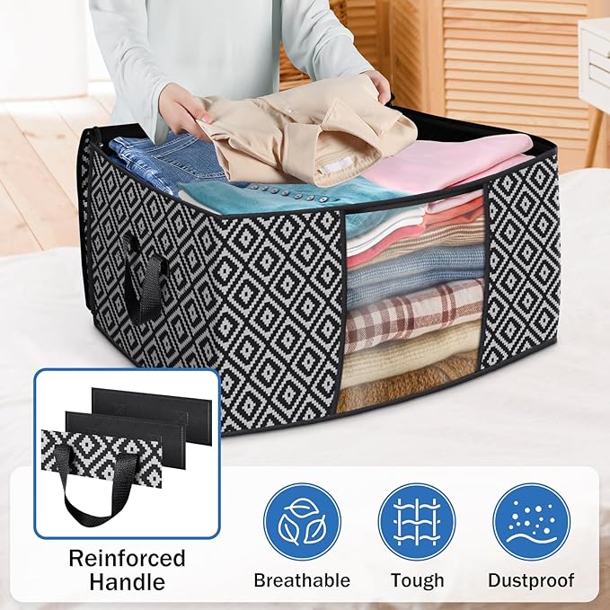 Direct 100L, 6 Pack, Storage Containers, Large Clothes Storage Bins Foldable Organization and Storage Bags with Reinforced Handle, Clear Window for Bedding, Blankets, Clothing, Black-NeatNest