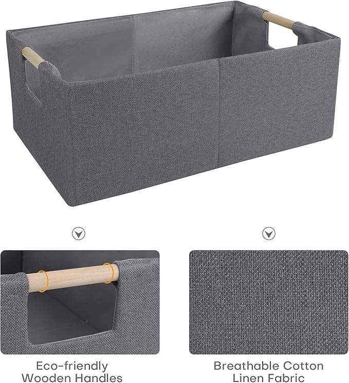 ANMINY 4PCS Storage Baskets for Organizing Collapsible Fabric Storage Bins Boxes with Wood Handles Closet Shelves Cube Organizer Bins Clothes Laundry Storage Container - Small, Gray-NeatNest