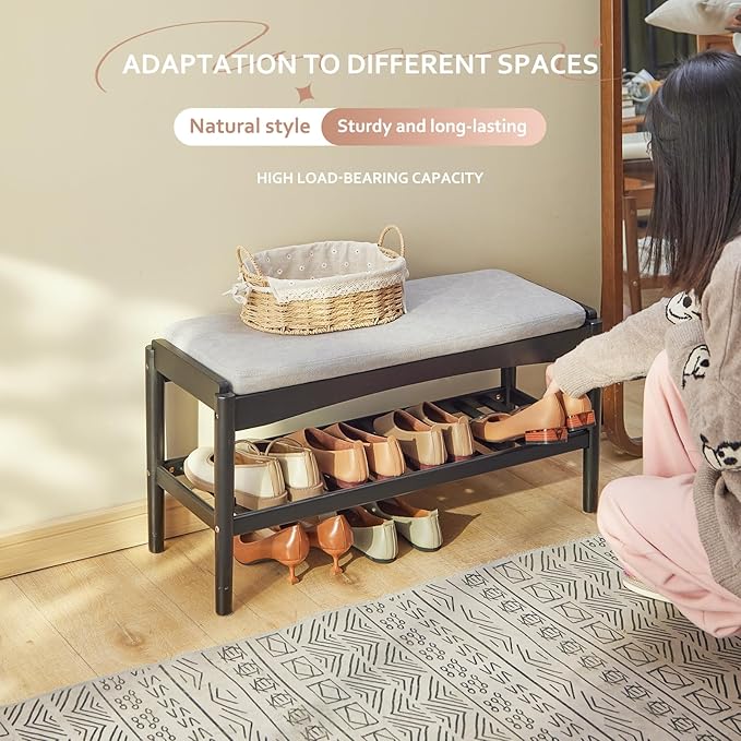 Shoe Bench Entryway Bamboo 2-Tier Shoe Rack with Cushion Padded Seat Shoe Bench Organizer Stable for Hallway, Living Room, Bedroom(31.5 * 11.4 * 16.5IN, Black-Gray)