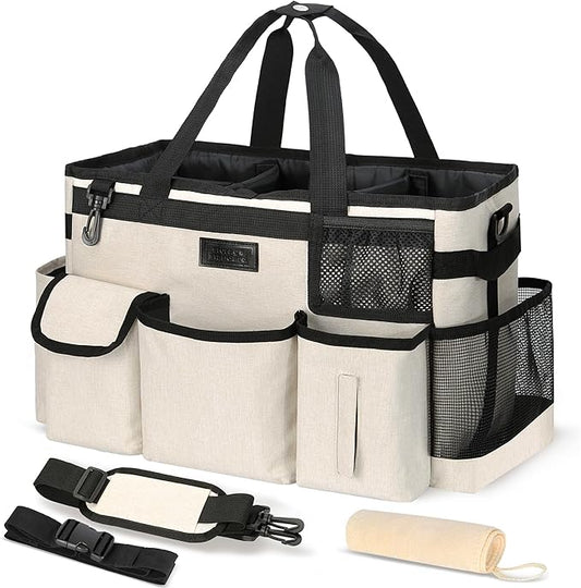 Cleaning Caddy Organizer with Handle - Large Caddy Bag for House & Bathroom Cleaning Supplies, 15 x 8 x 10.5 inches Cleaning Supply Caddy, Housekeeping Tote with Adjustable Strap - Beige-NeatNest