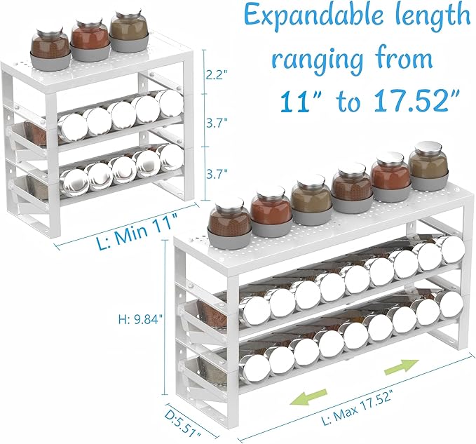Expandable, Stackable, Adjustable Spice Rack Kitchen Organizer,Metal Pantry Storage Shelves - Multi-Tier Shelf for Cabinet, Countertop, Pantries, Cupboard or Wall Mount,White-NeatNest