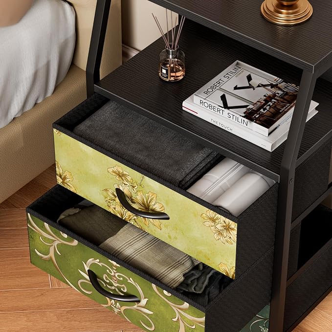Furnulem Retro Night Stand with 3 Drawers and 2-Tier Shelf, Small Nightstand Side Table, Vintage Storage Dresser for Bedroom, Fabric Drawer Organizer for Closet, Beside Furniture-NeatNest