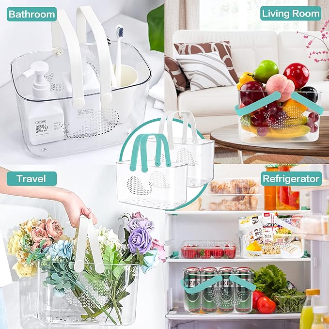2 Pack Plastic Shower Caddy Basket, Portable Shower Caddy Tote Storage Basket with Handles, Clear Cleaning Supplies Organizer Bin for Bathroom Kitchen College Dorm (White+Cyan)